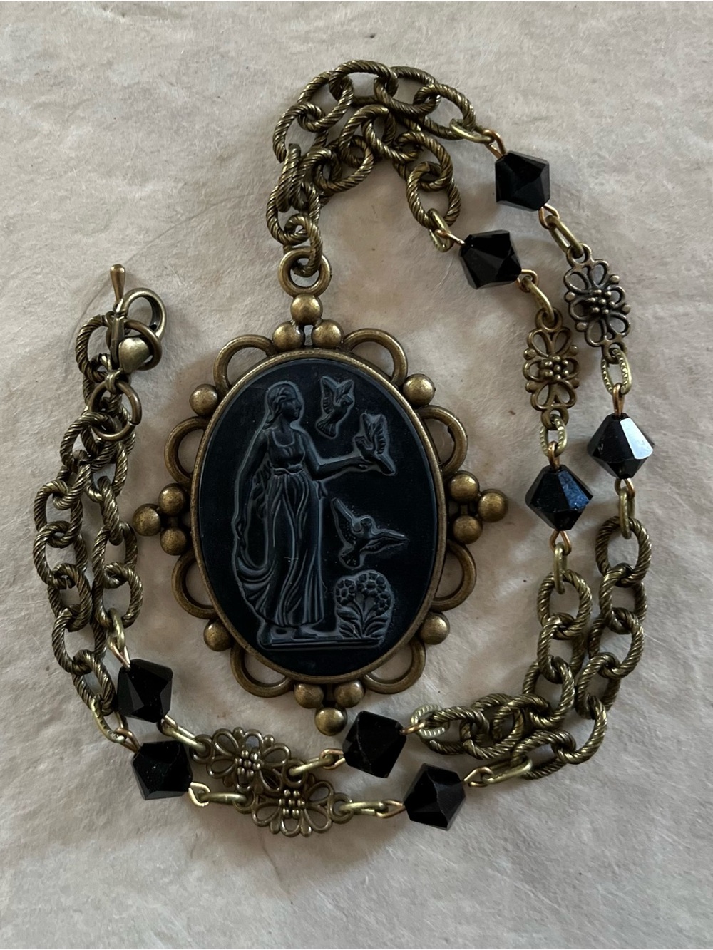Vintage 1940s Black Glass Goddess Cameo Necklace with Brass Czech Chain - Picture 10 of 16